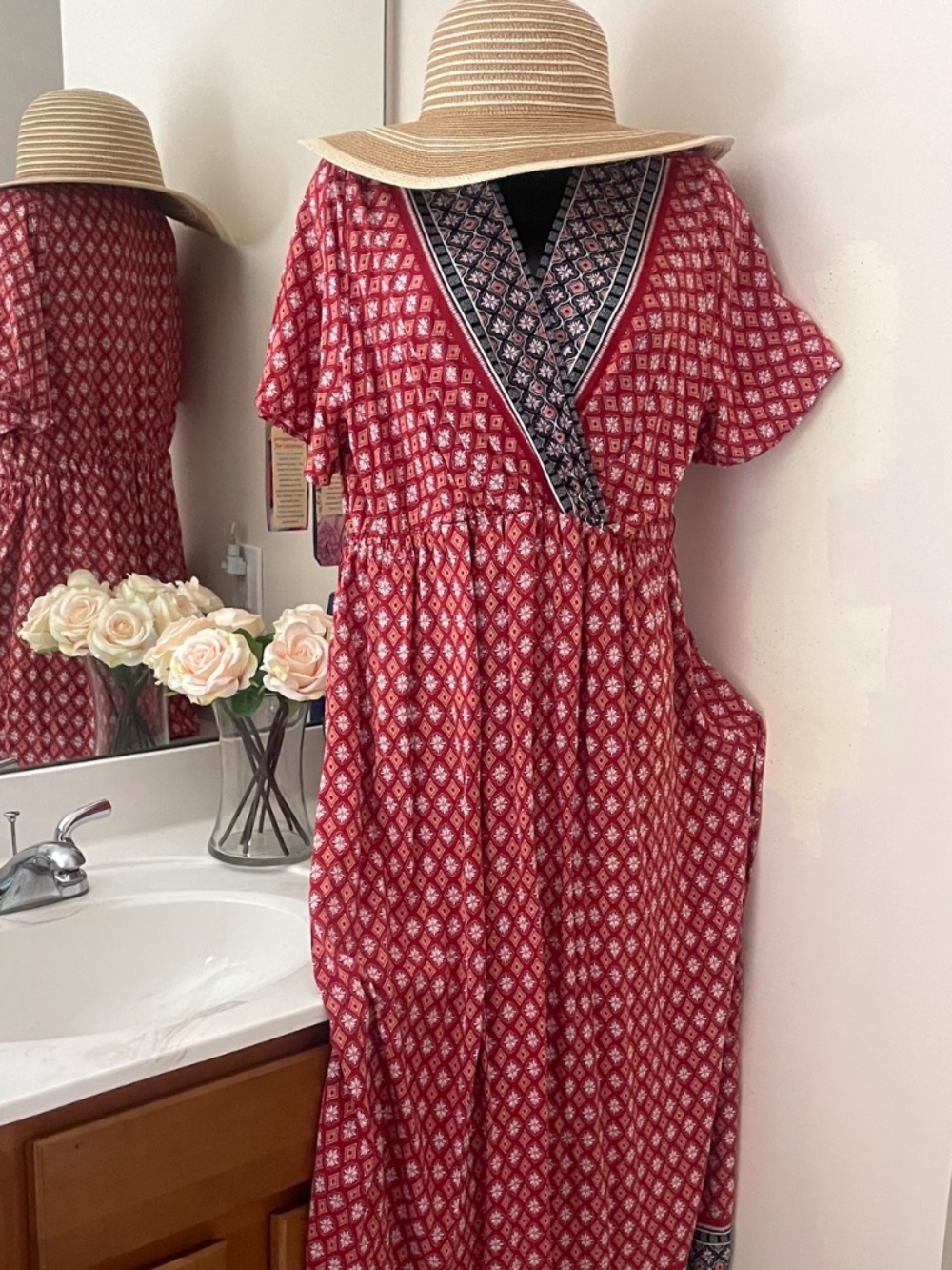 Women’s Boho Dress Plus Size 1X Maxi dress cotton red - Picture 3 of 7